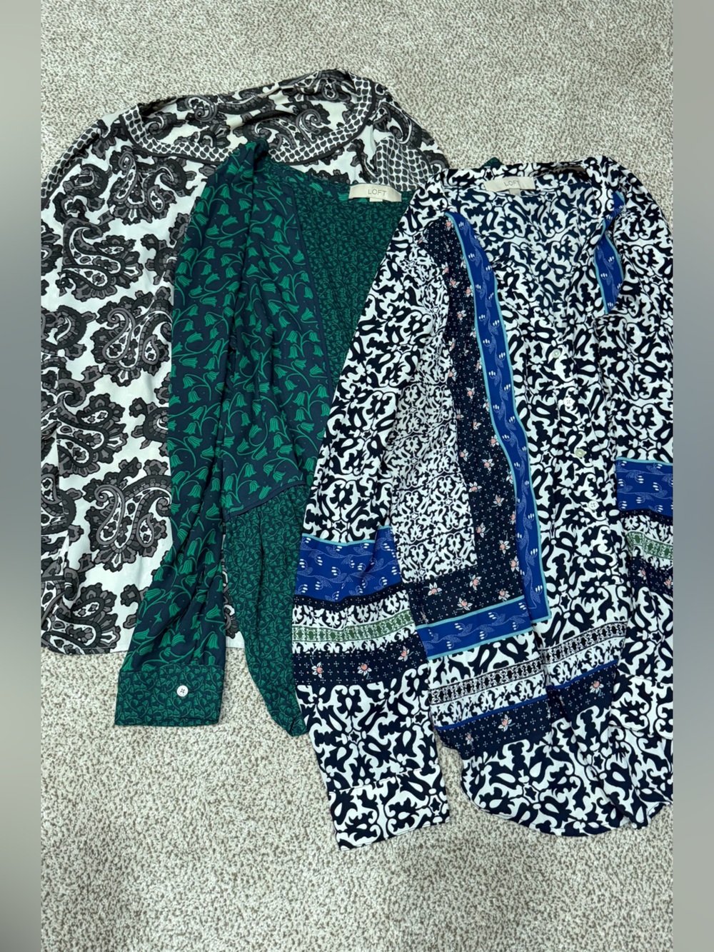 LOFT Set of 3 Mixed Print Blouse in Green, Navy & White